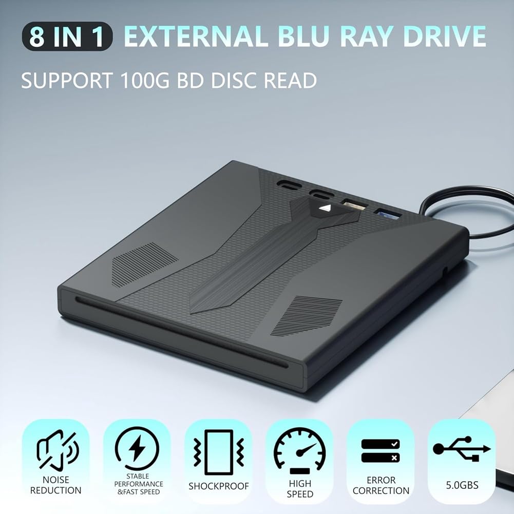Grabadora de BLU-Ray Externa USB 3.0 Compatible con Discos 100 GB Reproductor DVD/CD/BD Unidad Óptica 3D para Portátil