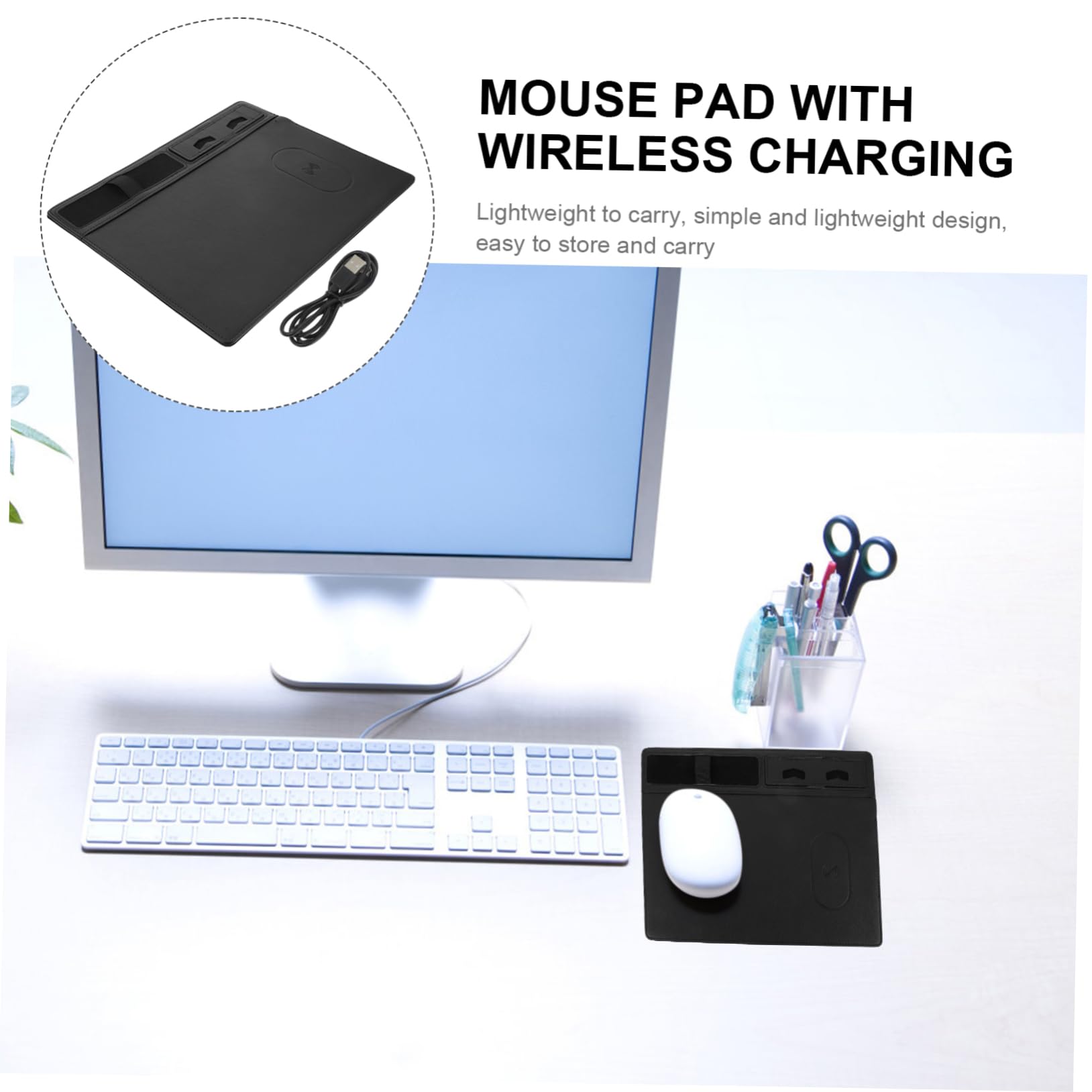 NUOBESTY Tappetino per Mouse in Pu Nero Ricarica Wireless 15w Superficie Anti-schizzi per Scrivania Ufficio Gaming