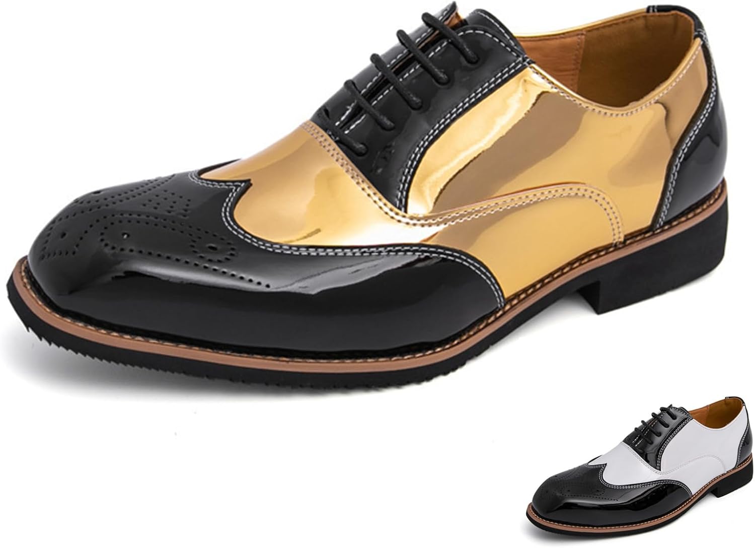Men's Patent Leather Two Tone Brogue Wingtip Oxfords Classic Patchwork Cap Toe Lace up Low Top Dress Derby Shoes Business Casual Office Wedding Prom Formal Shoes