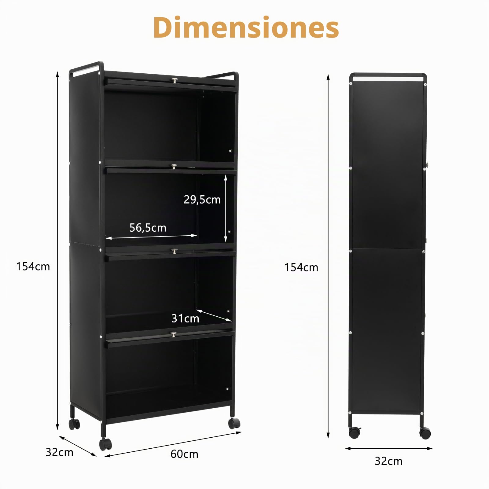 GOPLUS Estantería de cocina con ruedas, armario de cocina con 5 niveles, estantería de almacenamiento con puerta, estantería de pie de metal para salón, cocina, comedor, 60 x 32 x 154 cm (negro)