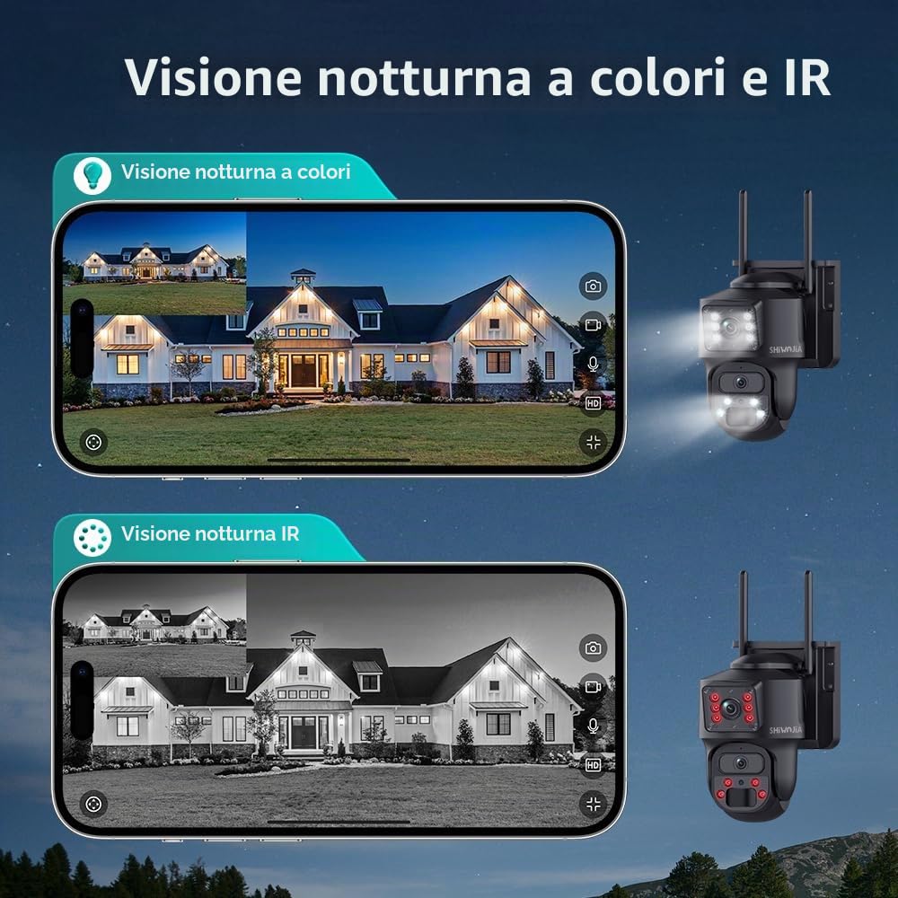 SHIWOJIA 24/7 Registrazione AOV Telecamera 4G da Esterno, Doppio Obiettivo, Allarmi PIR, Auto Tracking, Audio Bidirezionale, Tracciamento Automatico, IP66