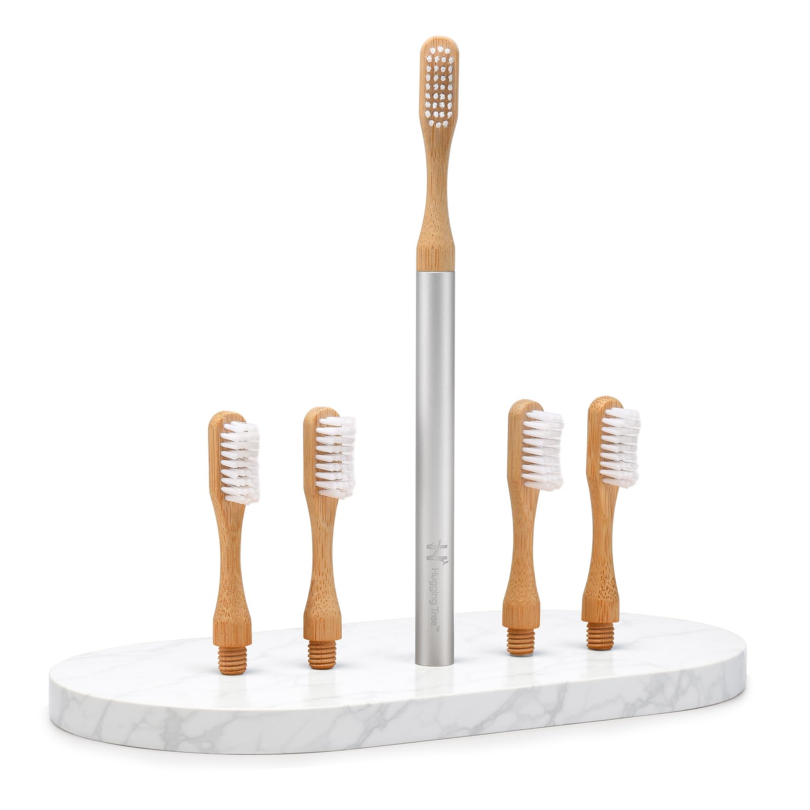 Spazzolino da denti naturale ecologico | Manico in alluminio riutilizzabile, testine in bambù sostituibili, senza mircoplastiche, 100% setole a base vegetale