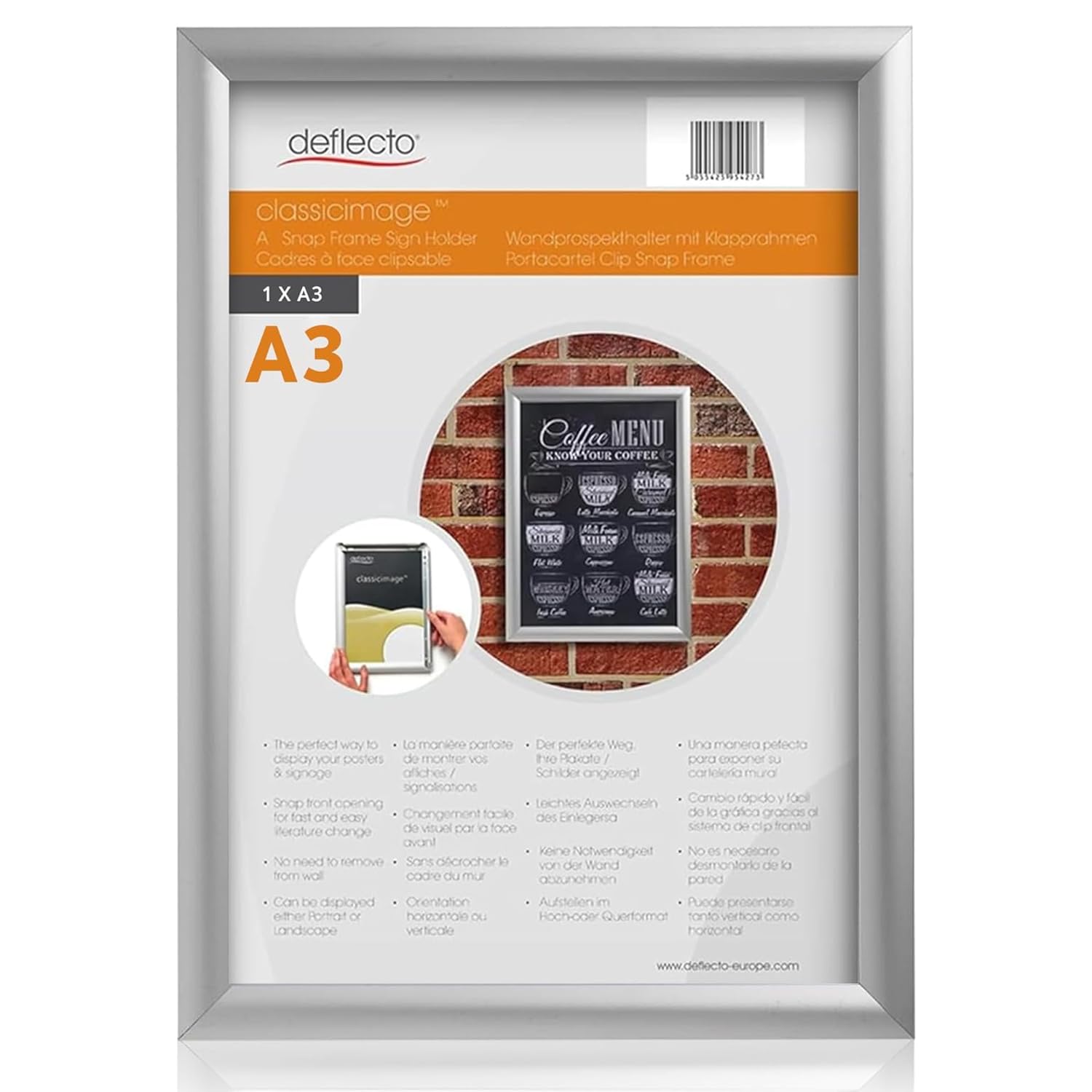 Deflecto A3 Snap Frame Silver - Aluminium Clip Frame for Certificate, Wall Display & Photo Hanger - Poster Holder with Convenient Front Opening Clips