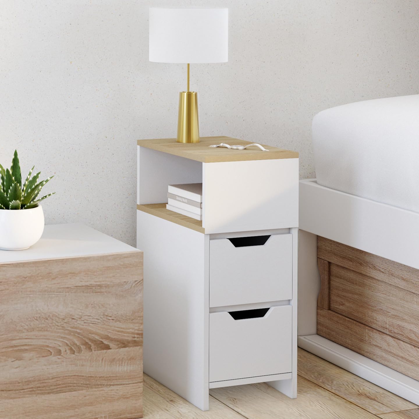 IDMarket - Set di 2 comodini Stretti a 2 cassetti Anouk con nicchia Laterale Reversibile in Bianco e Legno