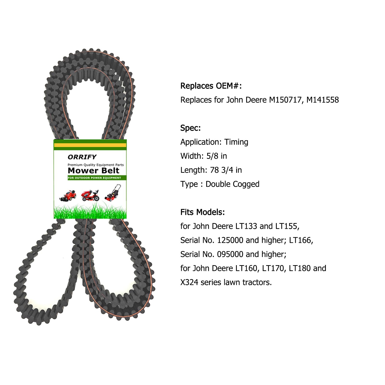 Correa dentada para cortacésped de 5/8 x 78.7 pulgadas para John Deere M150717 M141558, para John Deere LT133 LT155 LT166 LT160 LT170 LT180 X324 cubierta de 42 pulgadas