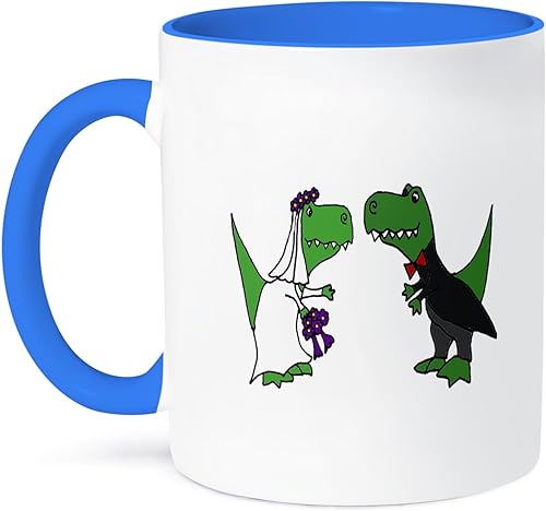 3dRose Funny Trex Dinosaurs Bride and Groom - Taza de arte de boda, 11 onzas, azulverde
