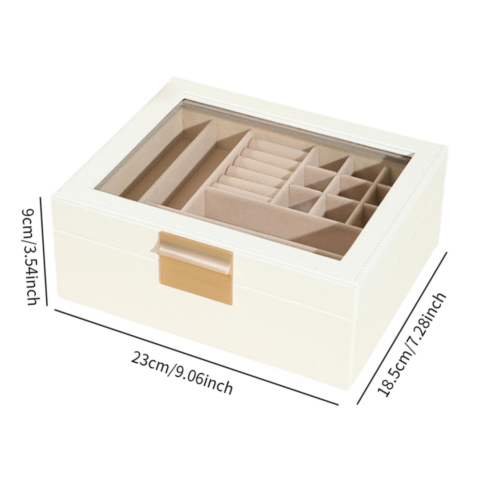 Portagioie da donna, in pelle PU, con coperchio trasparente, per collane, anelli, gemelli, cavigliere, 24 x 19 x 9 cm, bianco