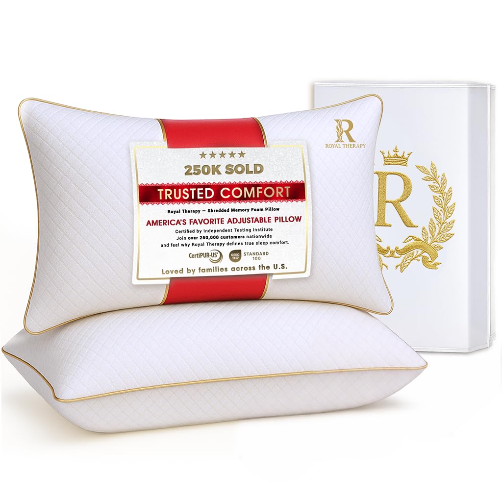 Royal Therapy Queen Size Set of 2-Shredded Memory Foam Pillow–Adjustable Memory Foam Pillow for Sleeping, Firm Pillow for Neck &amp; Shoulder Support, Breathable Bed Pillow for Back Stomach Side Sleepers