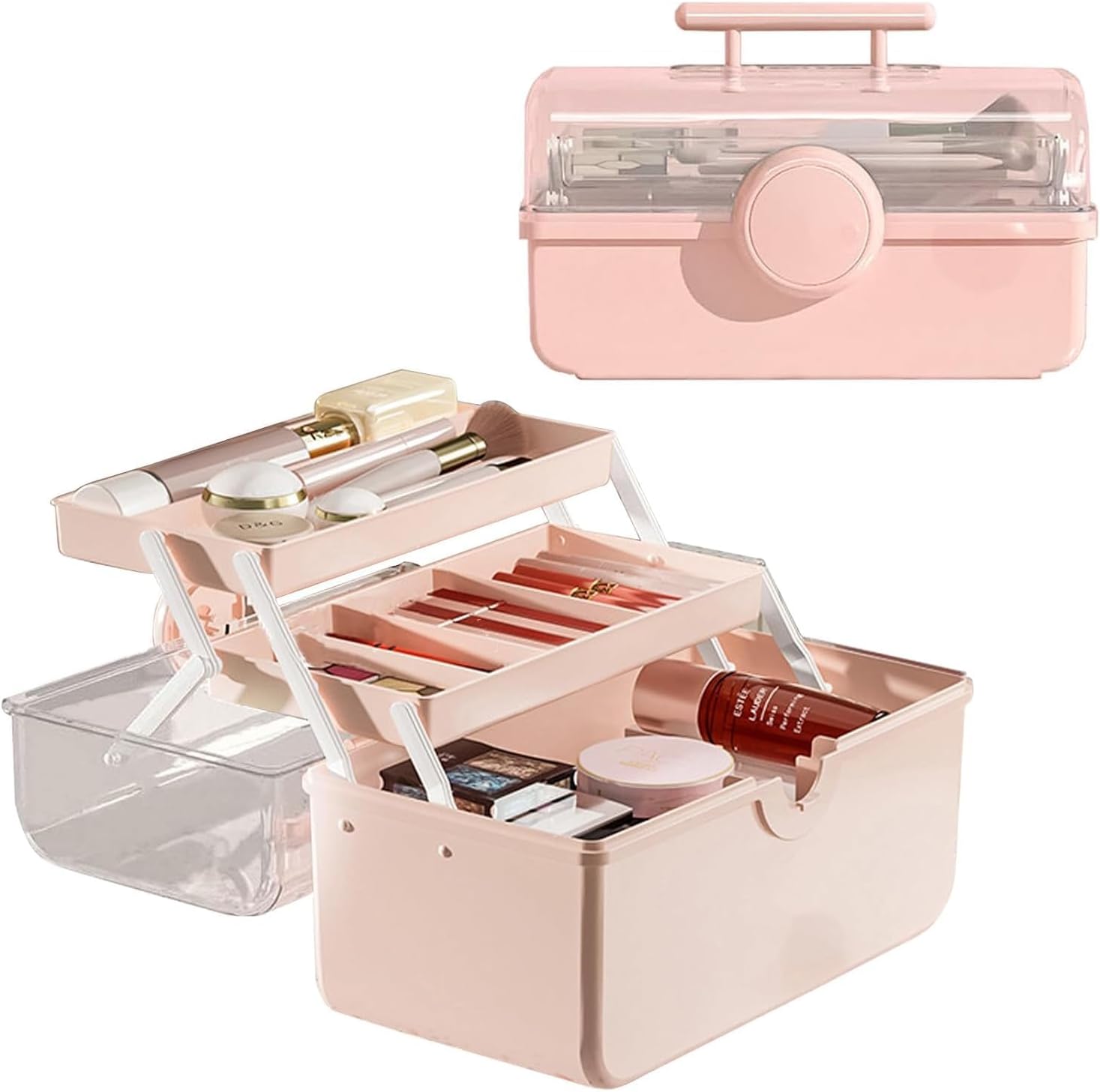 Makeup Storage Organizer, Large Capacity Makeup Organizer with Transparent Visual Cover, Handle 3 Layers Portable Cosmetic Storage Box Easily Organize Your Cosmetics, Jewelry Accessories (Pink)