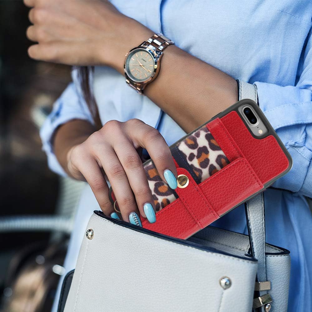 iPhone 7 Plus Crossbody Case, JLFCH Wallet Case for iPhone 7 Plus / 8 Plus with Card Holder Wrist Strap Leopard Print Handbag Purse Style Women Girly Case for Apple iPhone 7/8 Plus 5.5 inch - Red