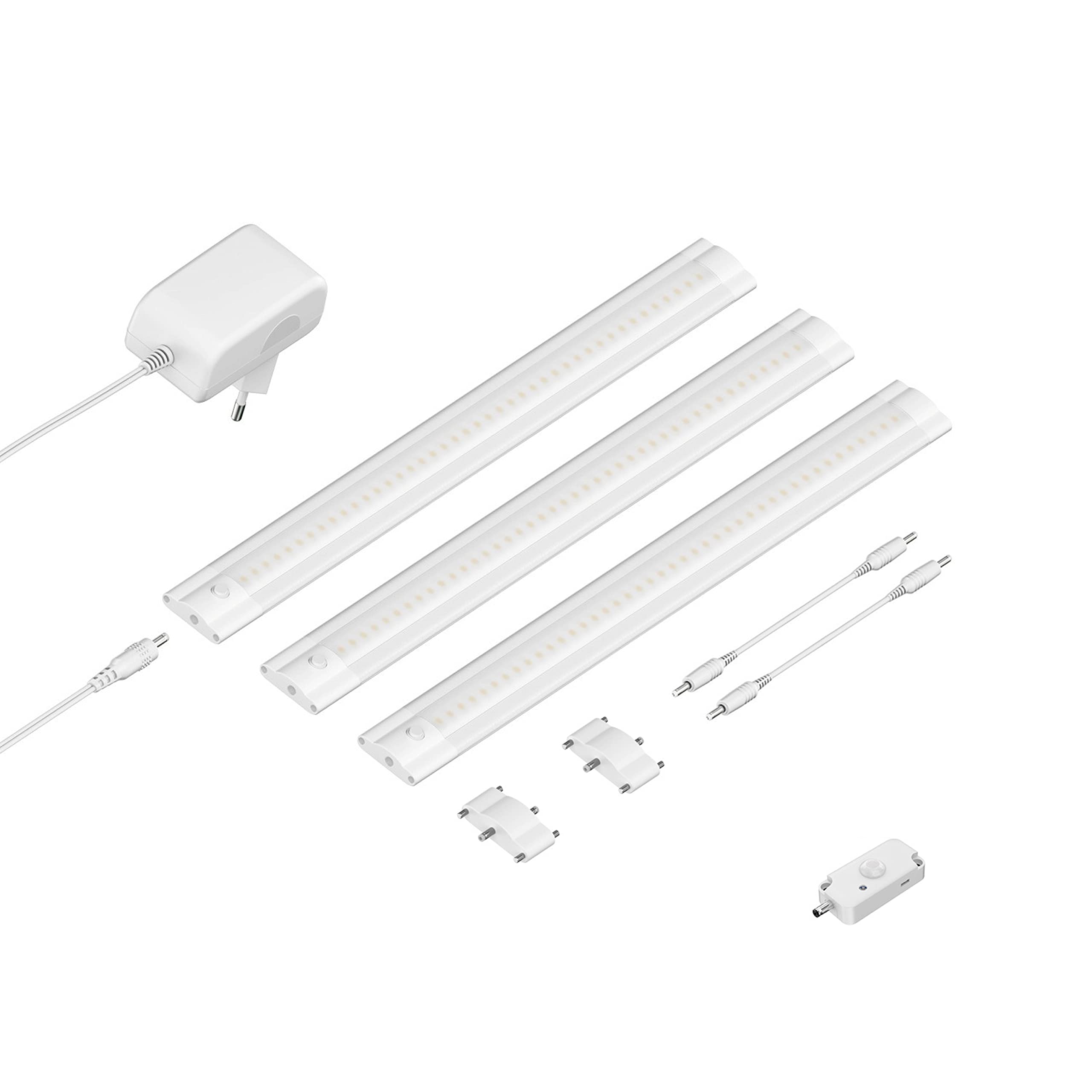 ledscom.de Luz LED bajo el armario SIRIS blanco mate con detector de movimiento, plana, 30cm cada una, 370lm cada una, blanco, juego de 3