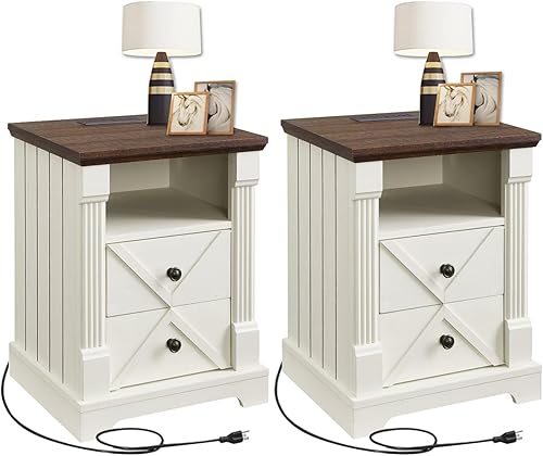 Miniatura 8 de Mesita de noche de granja con estación de carga, mesa de noche de 18 pulgadas de ancho con 2 cajones, mesita de noche con puerta de granero con