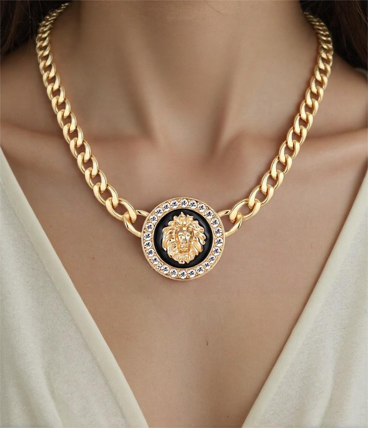 Women's Hip Hop Basketball Wives Lion Head Chunky Chain Choker Necklace Crystal Statement Linked Necklace Party Costume Outfit Cocktail Animal Jewelry - Image 3