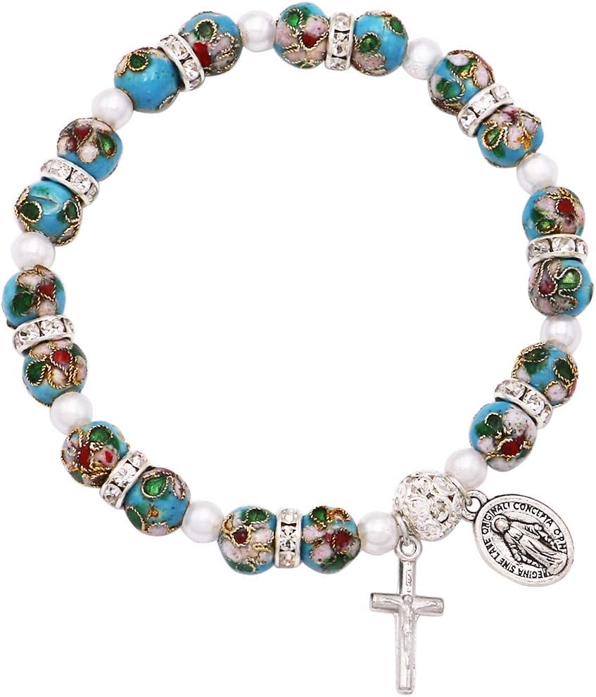 Rosemarie Collections Women's Cloisonne Beaded Stretch Rosary Bracelet with Crucifix and Miraculous Medal