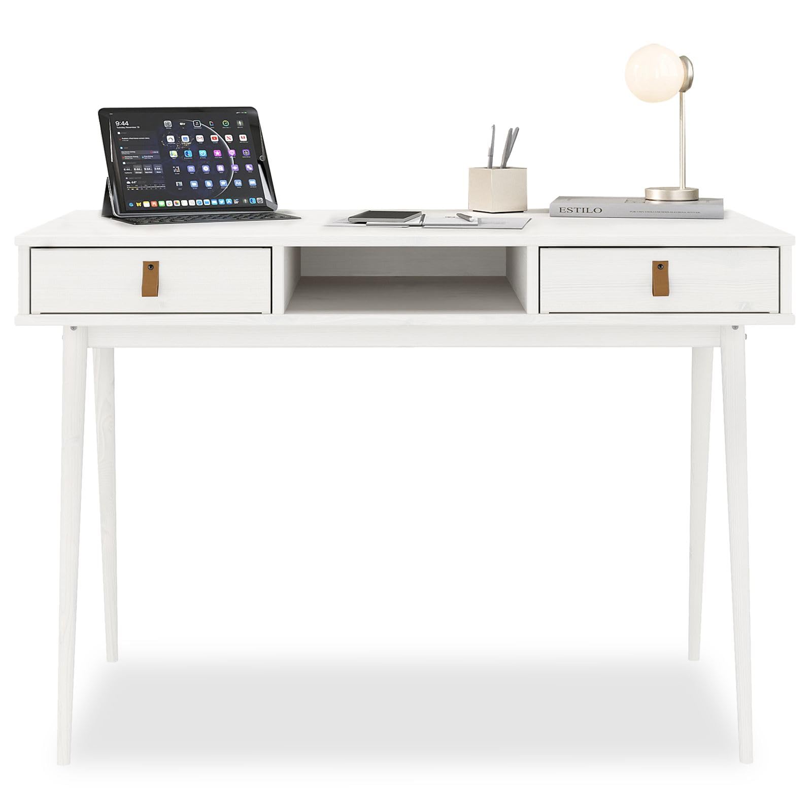 IDIMEX Escritorio Kim blanco - Mesa de oficina con 2 cajones de madera maciza, 1 compartimento abierto, color blanco