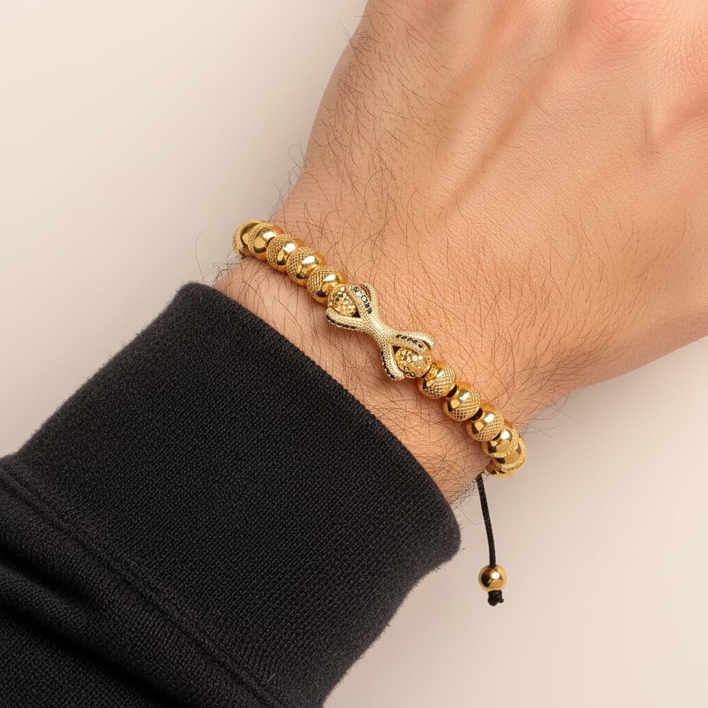 18K Gold Plated Bracelets for Men Adjustable Beaded Bracelet | Leopard Head Lion Black Onyx Tiger Eye Stone Heart Claw Stainless Steel Mens Gold Bracelet Handcrafted Birthday Jewelry Gift