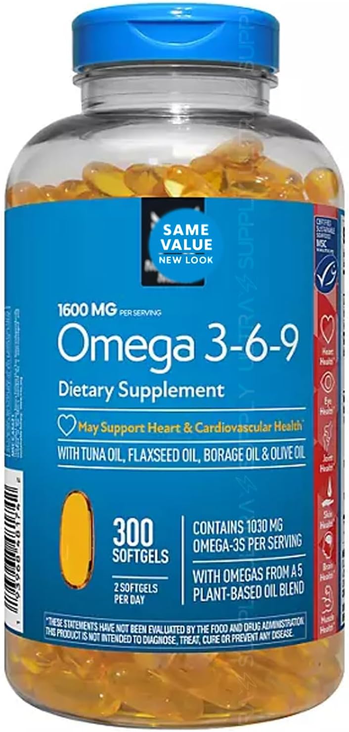 Members Mark Omega 3-6-9 Softgels, 1600 mg, (300 Count.) – Heart, Brain, Joint, Skin & Eye Health, Essential Fatty Acids Blend