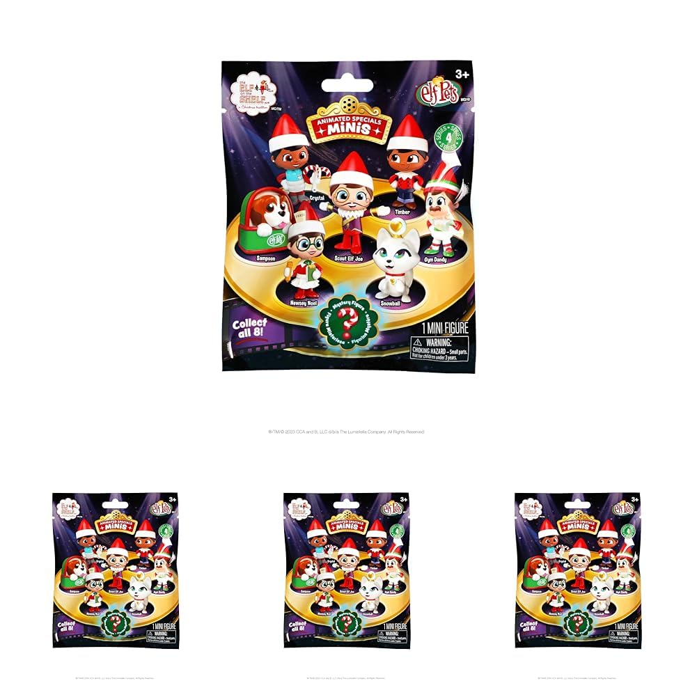 Enchanting Elf on the Shelf and Elf Pets Merry Minis Series 4-8 Collectible Figures, Accessories, and Props in Surprise Blind Bags for Kids - Ideal Toys for Boys & Girls (Pack of 4)