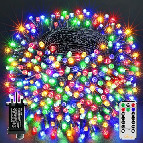 Ollny Christmas Tree Lights Outdoor, 20m 200 LED Fairy Lights Mains Powered, Multicolour Waterproof String Light with Plug/Remote/Modes/Timer, Bright Lighting Outside Indoor Garden Xmas Decorations