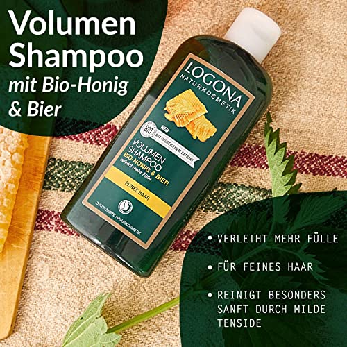 LOGONA Naturkosmetik Volumen Shampoo für natürlich volles Haar, Geeignet für feines Haar, Pflegendes Haarshampoo mit Bier und Bio Honig, 1 x 250 ml