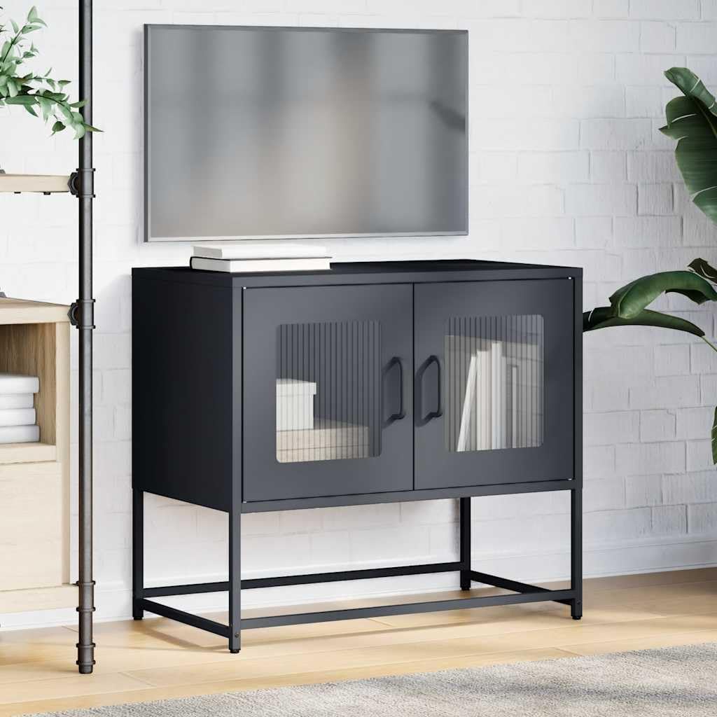 Mobile TV antracite in acciaio laminato a freddo, 68 x 39 x 60,5 cm, con vano portaoggetti, maniglie e piedini in metallo, per soggiorno, camera da letto, gaming e home theatre