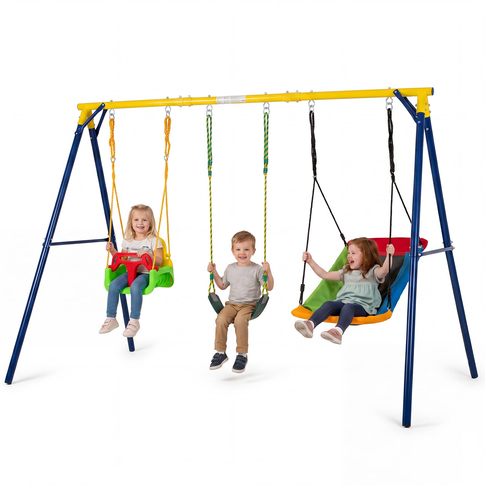 COSTWAY Columpio Jardín Exterior, Juego 3 en 1 de Columpio Infantil, Estructura De Metal, Columpio con Cinturón/Plataforma, 1 Asiento De Columpio Ajustable, 350 x 182 x 195 cm, Carga 300kg (3 en 1-2)