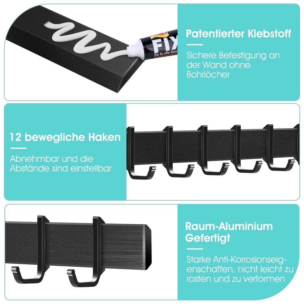 Support Ustensiles Cuisine Adhésif Sans Perçage – Barre Aluminium 7 Crochets, Noir Mat
