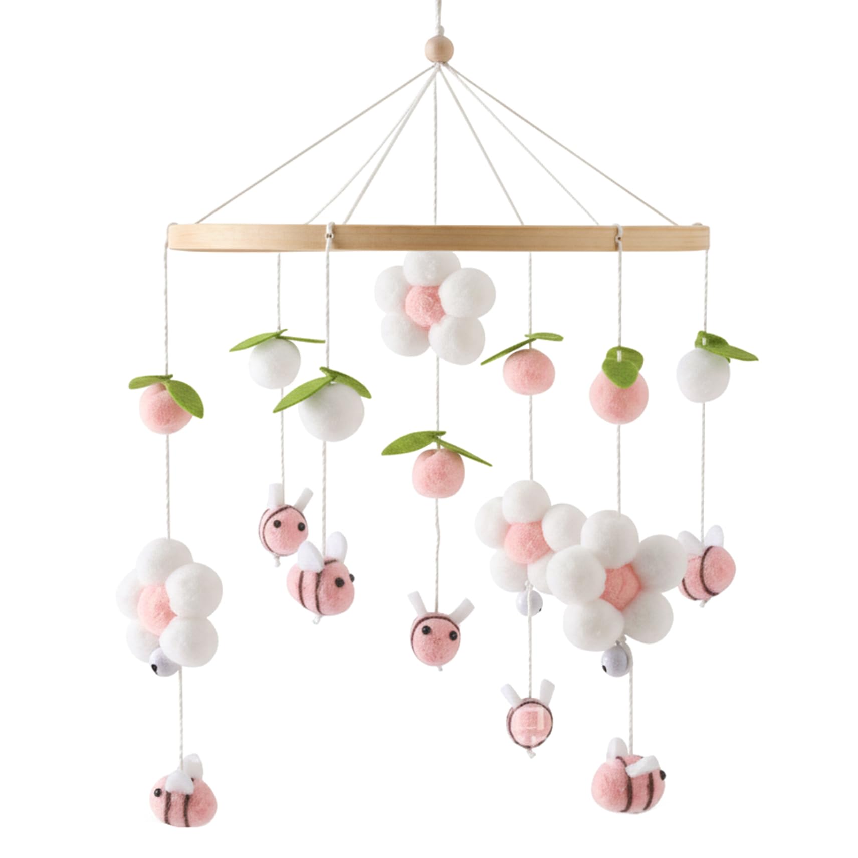 Grsrkep Baby Crib Mobile Bee & Flower Nursery Mobile with Chewable Cotton Balls Soft Hanging Toy for Cribs and Bassinets, Style 2, 16 Inch