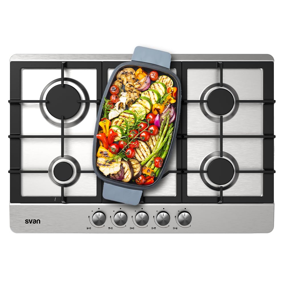 Svan Encimera de Gas Inox SGW57500X. Potencia máx. 4 kW, 5 Quemadores, Quemador WOK triple llama, sistema Ignición Automática, Parrillas Forjadas, Kit Conversión Gas Natural