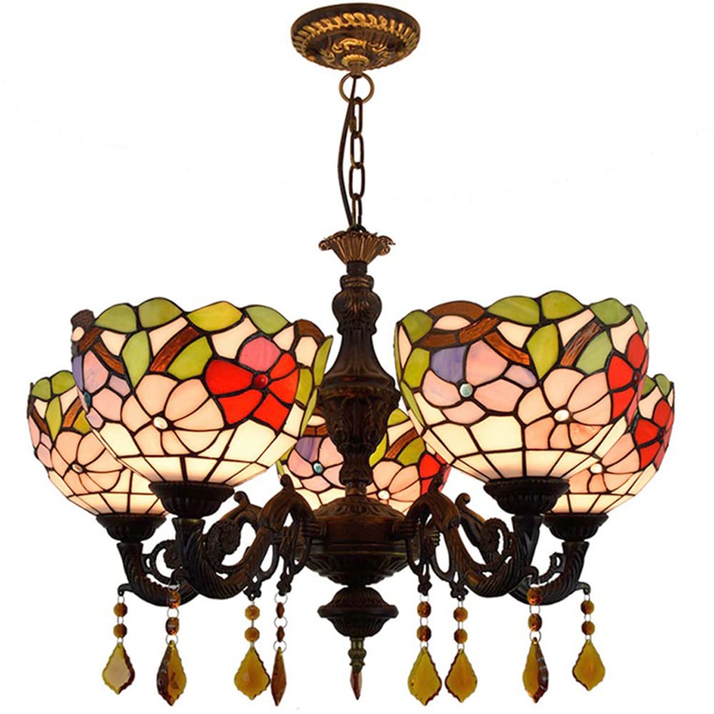 FYZDLAOR Morning Glory Pattern 5-Light Chandelier,Adjustable Pendant Light Light Fixtures,Tiffanystyle Stained Glass Hanging Light Wide 25 Inch with Crystal Pendant