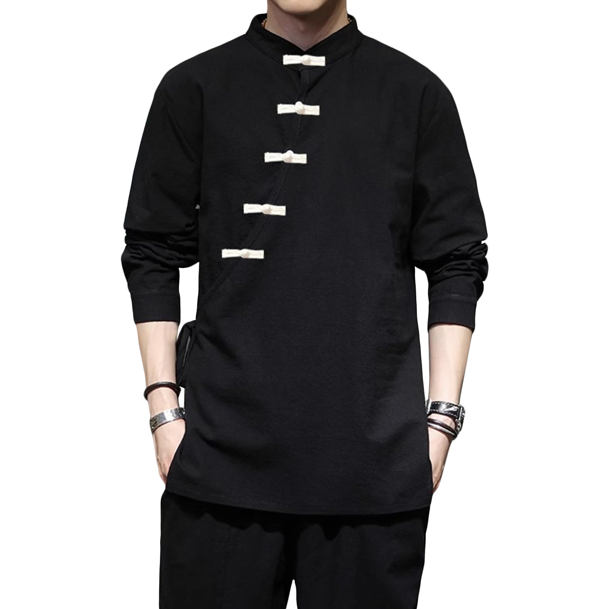 Camicia cinese tradizionale da uomo con colletto alla coreana asimmetrica | Chiusura con bottone a rana, colletto alla coreana, abbigliamento casual, vestibilità comoda, misto cotone e lino