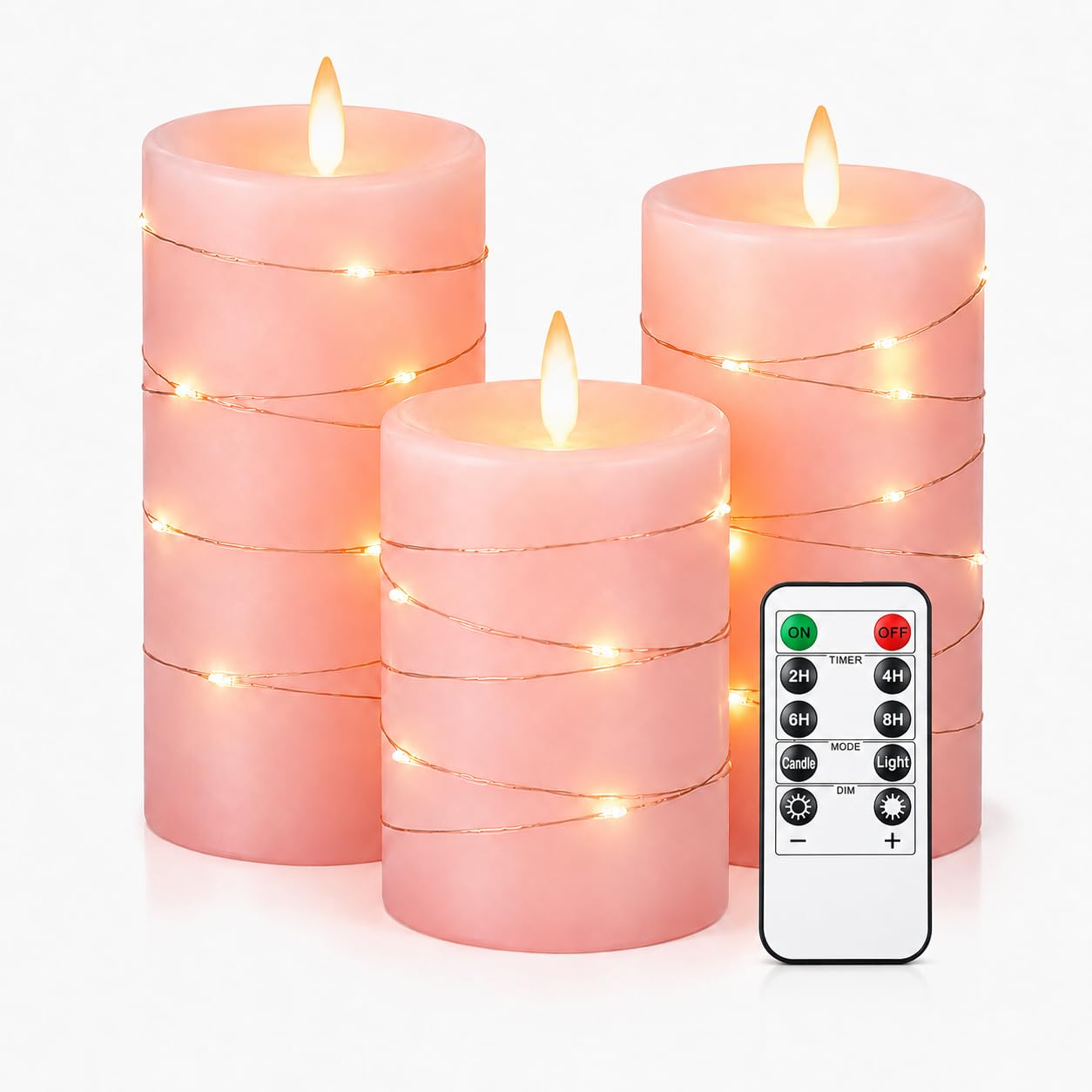Upinmz Candele tremolanti senza fiamma con luci a stringa incorporate, candele a batteria con telecomando e timer, candele LED per decorazione domestica, vera cera, confezione da 3 pezzi, rosa