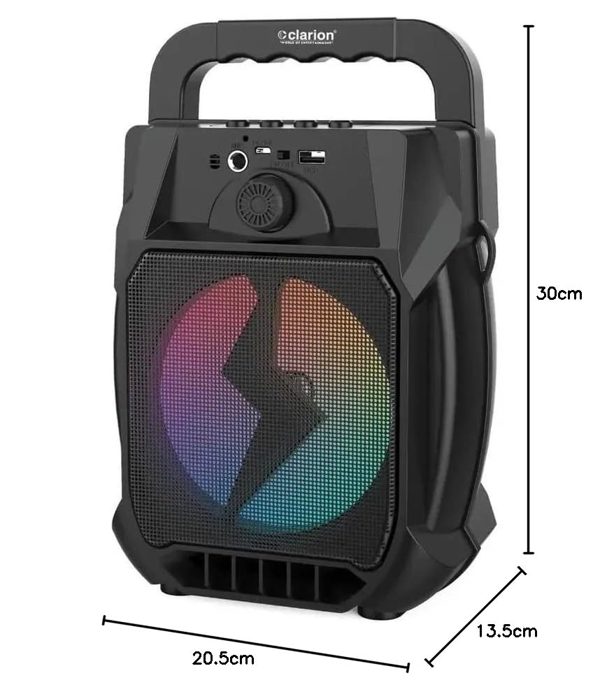 Clarion JM-Carry On Portable Bluetooth Speaker with dimensions: 13.5D x 20.5W x 30H Centimeters