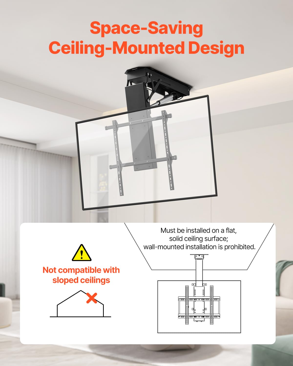 VEVOR Soporte de Techo Motorizado para Televisores de 813 a 1778 mm, Soporte Plegable Ajustable Eléctricamente Compatibilidad Máxima de Montaje VESA de 60 x 60 cm para Televisores de hasta 50 kg