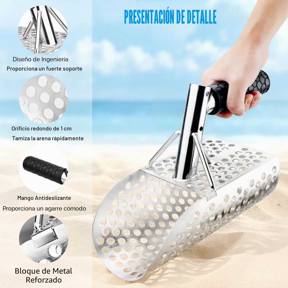 Cuchara de arena para detección de metales, pala de acero inoxidable con mango largo, resistente y duradera, ideal para búsqueda de tesoros junto al mar
