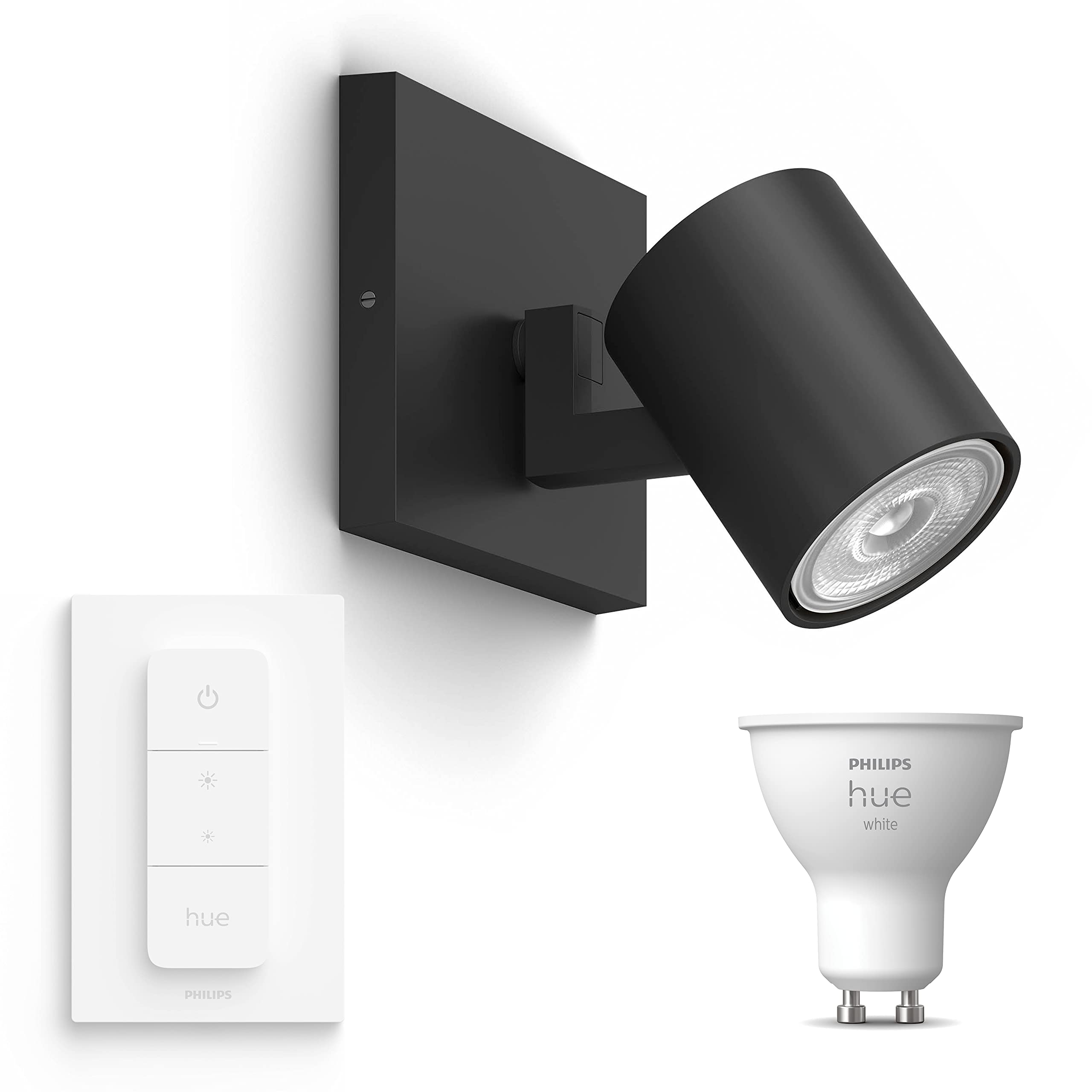 Philips Hue Runner Aufbaustrahler (Schwarz) - Warmweißes Licht - inkl. Hue Dimmschalter - Wandleuchte oder Deckenstrahler 1 Flammig - GU10 - Hue White