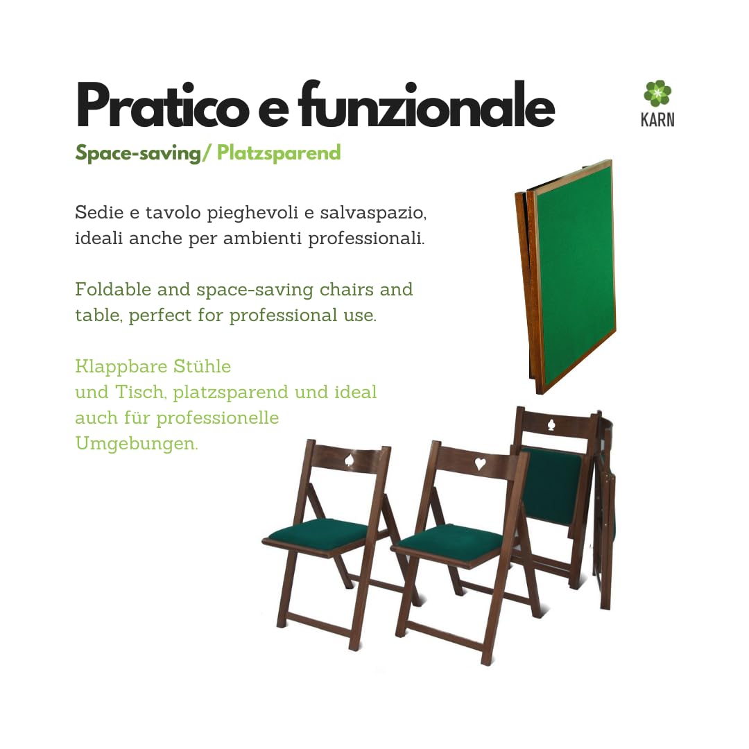 Karn Mesa de Juego Poker 4 Sillas Plegables – Mesa Cuadrada 90x90 cm Plegable en Haya Maciza con Paño Verde – Mesa de Cartas Ahorraespacio