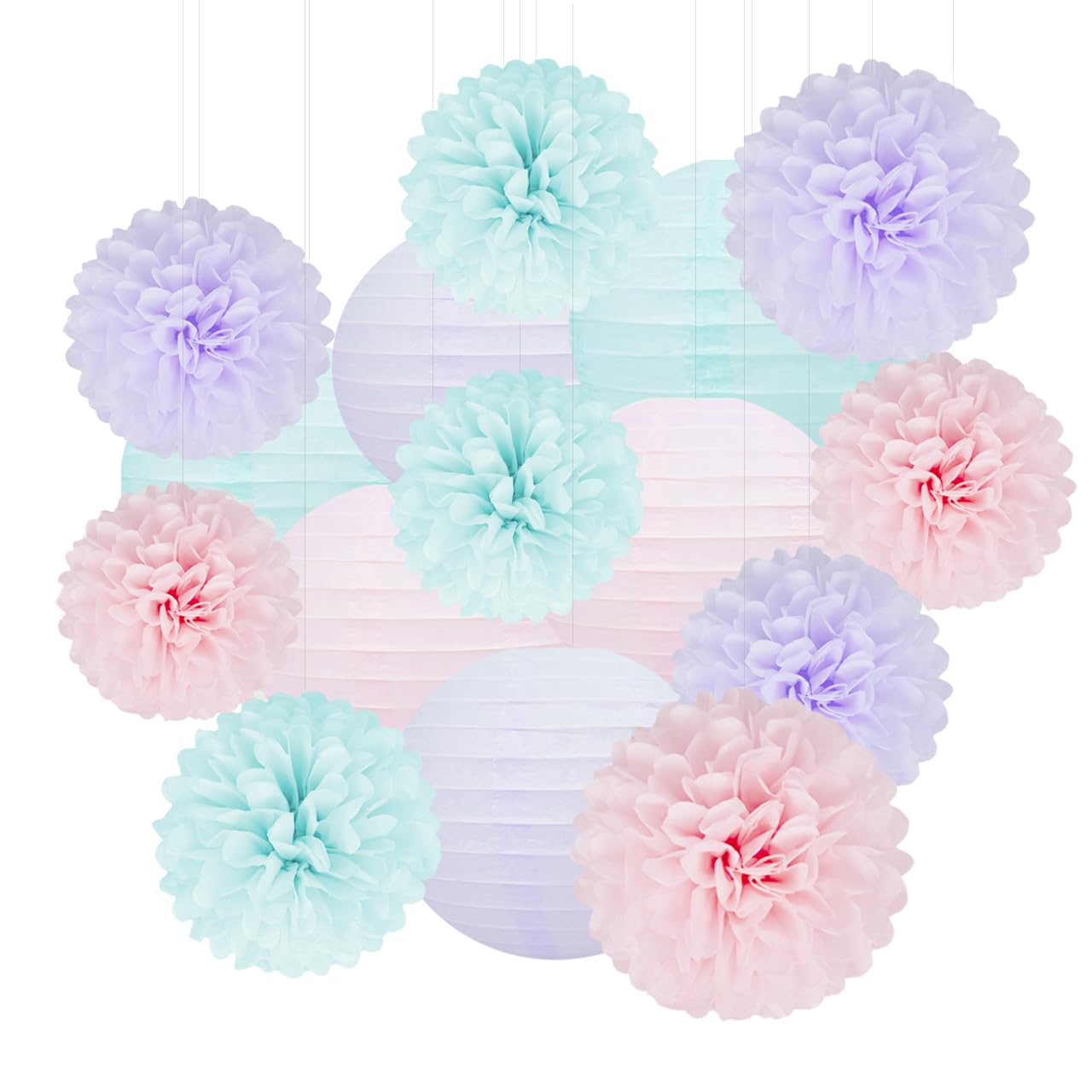 Blue Pink Purple Party Decorations - 15Pcs Tissue Pom Poms Paper Flowers Paper Lanterns Mermaid Birthday Party Baby Shower Lavender Wedding Hanging Decor