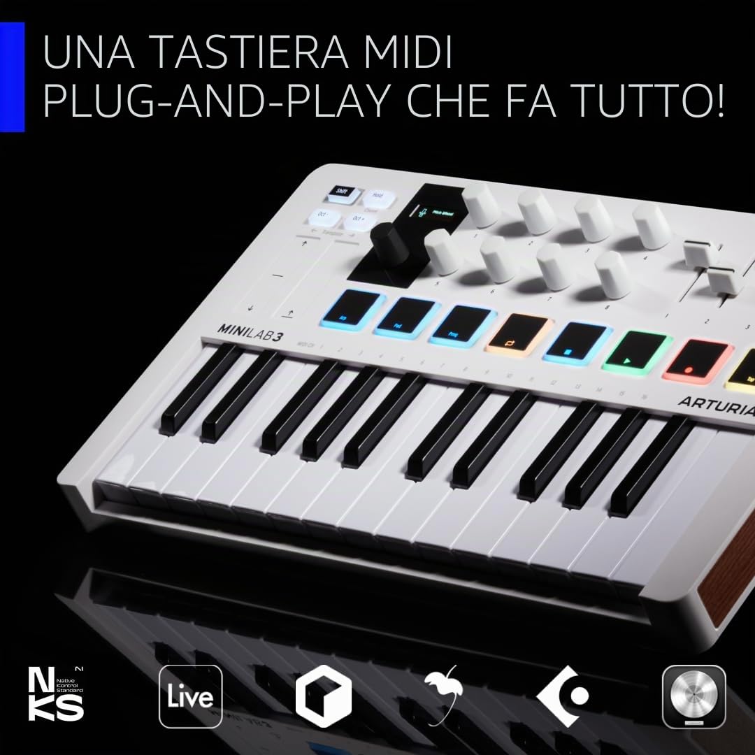 Arturia MiniLab 3, 25 controller MIDI Slim-Key USB-C, 8 pad LED retroilluminati, 8 manopole, 4 fader, uscita Midi, arpeggiatore integrato, modalità accordi e pacchetto software di produzione musicale