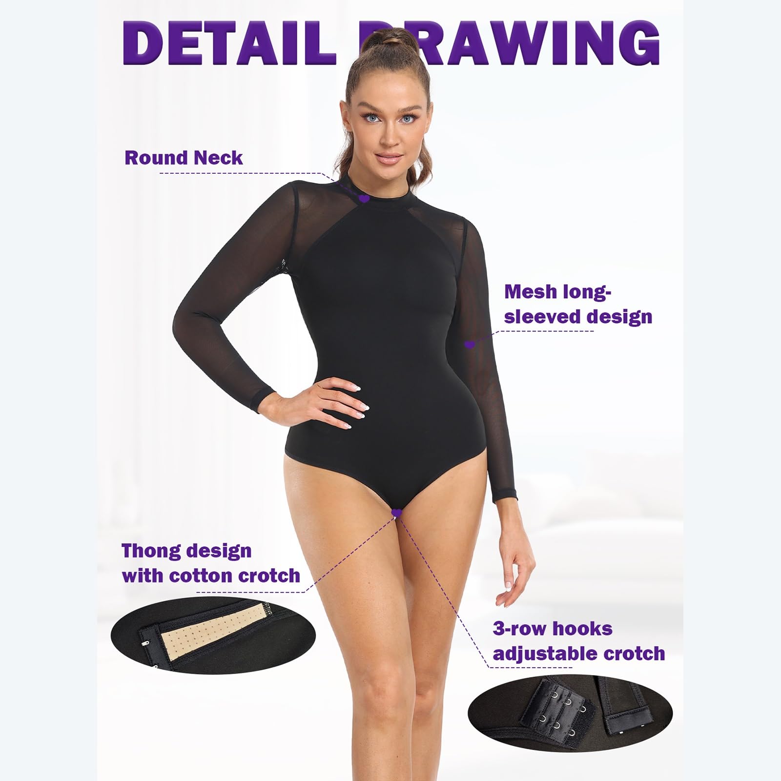 Body sexy transparente de manga larga con cuello redondo y bodycon de color sólido para mujer