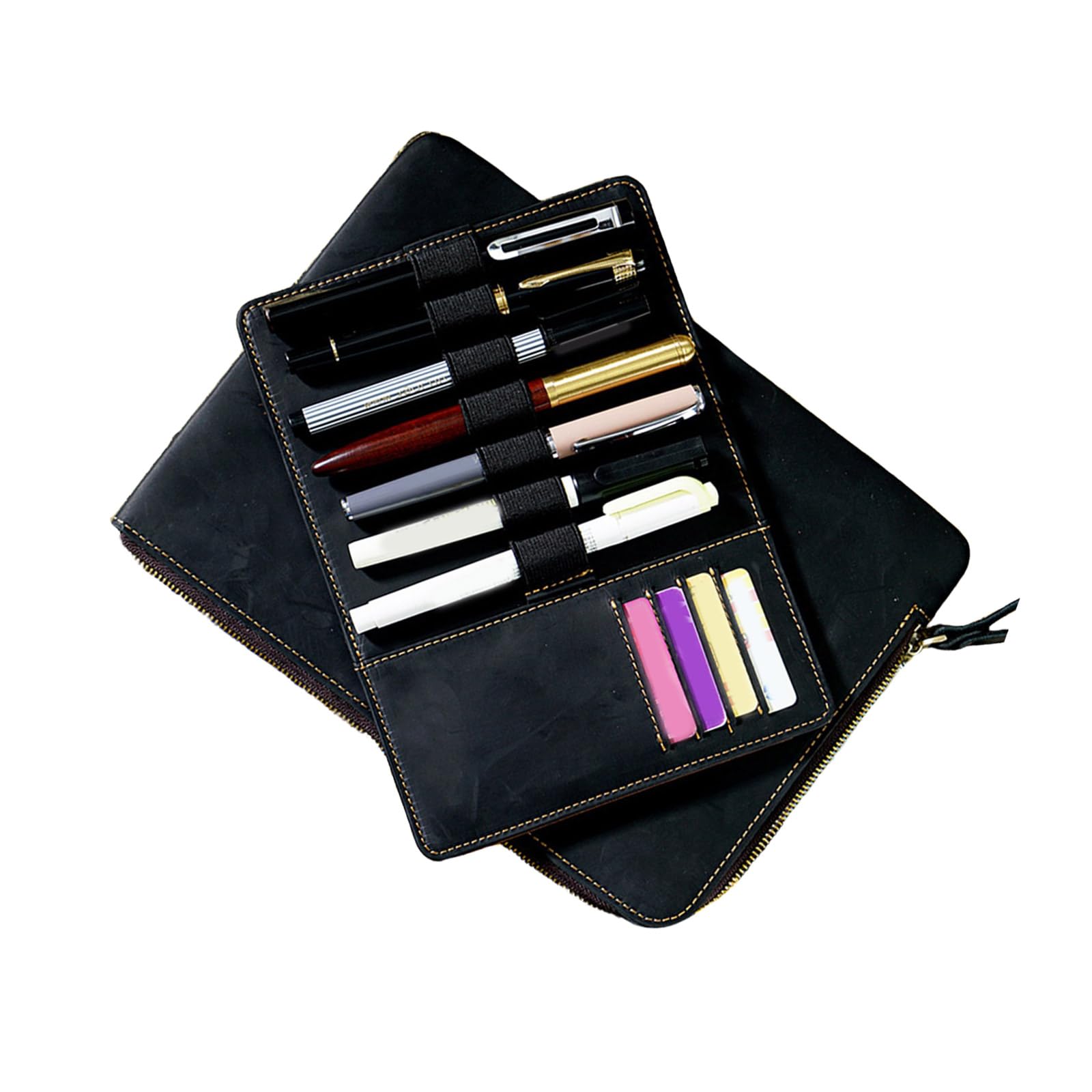 Woedpez Multifunction Fountain Pen Organiser Zippered Leather Case with Removable Compartments Elastic Slot and Card Pocket Removable Tray