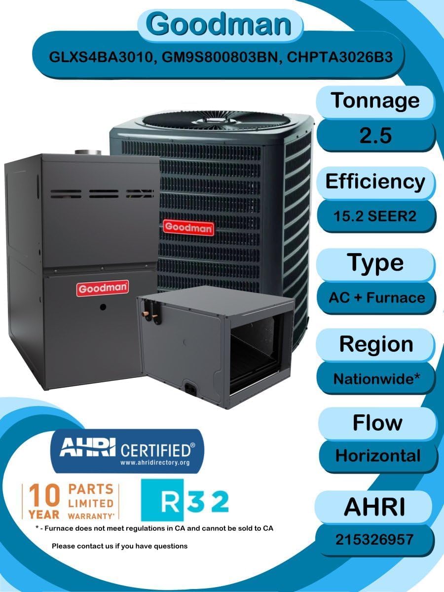 Goodman 2.5 TON 15.2 SEER2 Horizontal R-32 AC System with 80% AFUE 80k BTU furnace (GLXS4BA3010 condenser with GM9S800803BN furnace and CHPTA3026B3 coil)