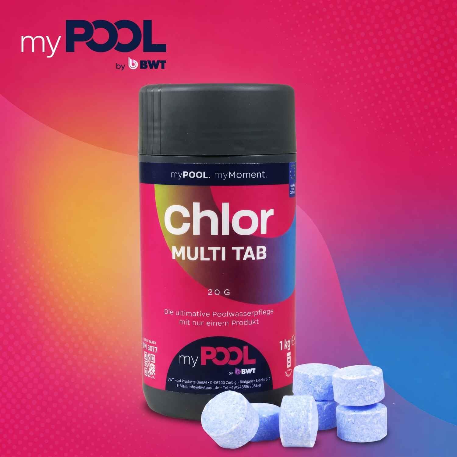 myPOOL Chlor MultiTabs Mini 20g - 4in1 Poolpflege für Minipools ab 2000 l - Dauerchlorung mit Algenverhütung Trübungsbeseitigung pH-Stabilisator - Optimal für Quick-Up oder kleine Pools (1 Kg)