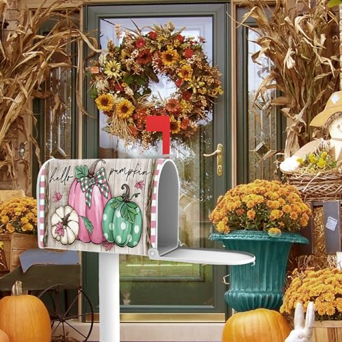 Image of Fall Hello Pumpkin Welcome Mailbox Cover Magnetic Standard Size 21 inch x 19 inch, Pink Autumn Thanksgiving Decorative Post Letter Box Wrap Decor, Plaid Farmhouse Rustic Garden Yard Outdoor Decoration