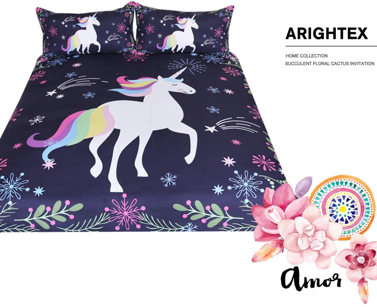 ARIGHTEX Bedding Duvet Cover Sets Unicorn Twin Bedding Sets for Girls Rainbow Unicorn Bed Set Woodland Forest Purple Flower Print Horse Bedding 3 Piece Zipper Closure