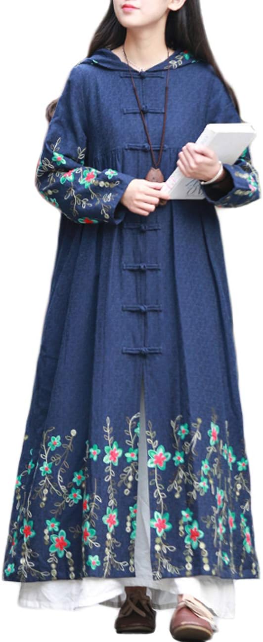 LUZU JUNU Women's Lightweight Long Trench Coat Hooded Windbreaker Jacket with Flower Embroidery