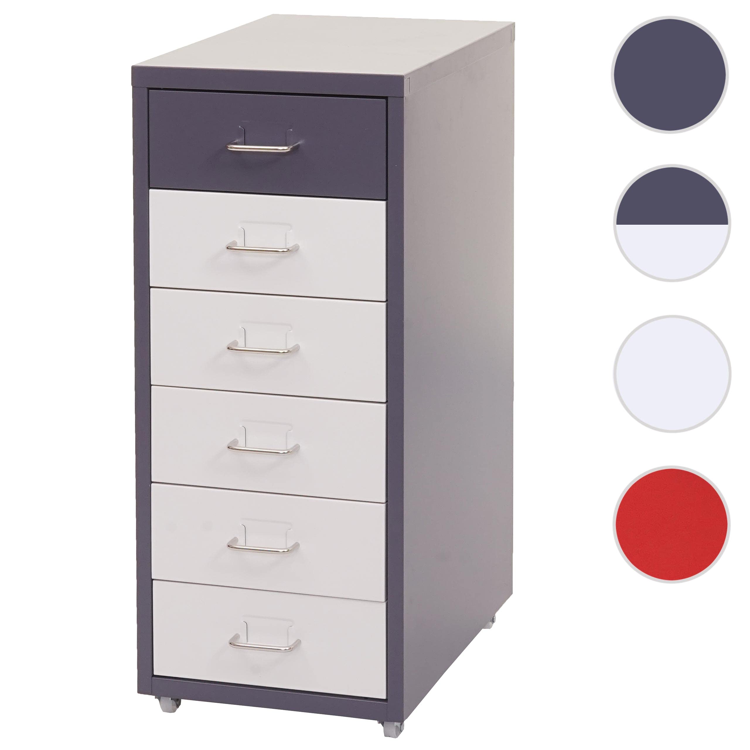 Mendler Cajonera con ruedas Boston T851, armario de acero, 69 x 28 x 41 cm, 6 cajones, gris oscuro, blanco y gris oscuro