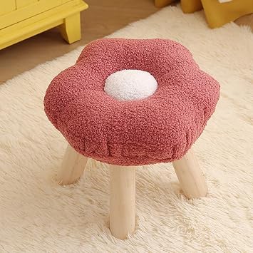 Wooden Chair Ottoman Foot Stool, Flower Shape, Footrest Stand, Low Stool, Easy to Assemble, With Cushion, Living Room, Entryway, Hallway, Outdoors Red