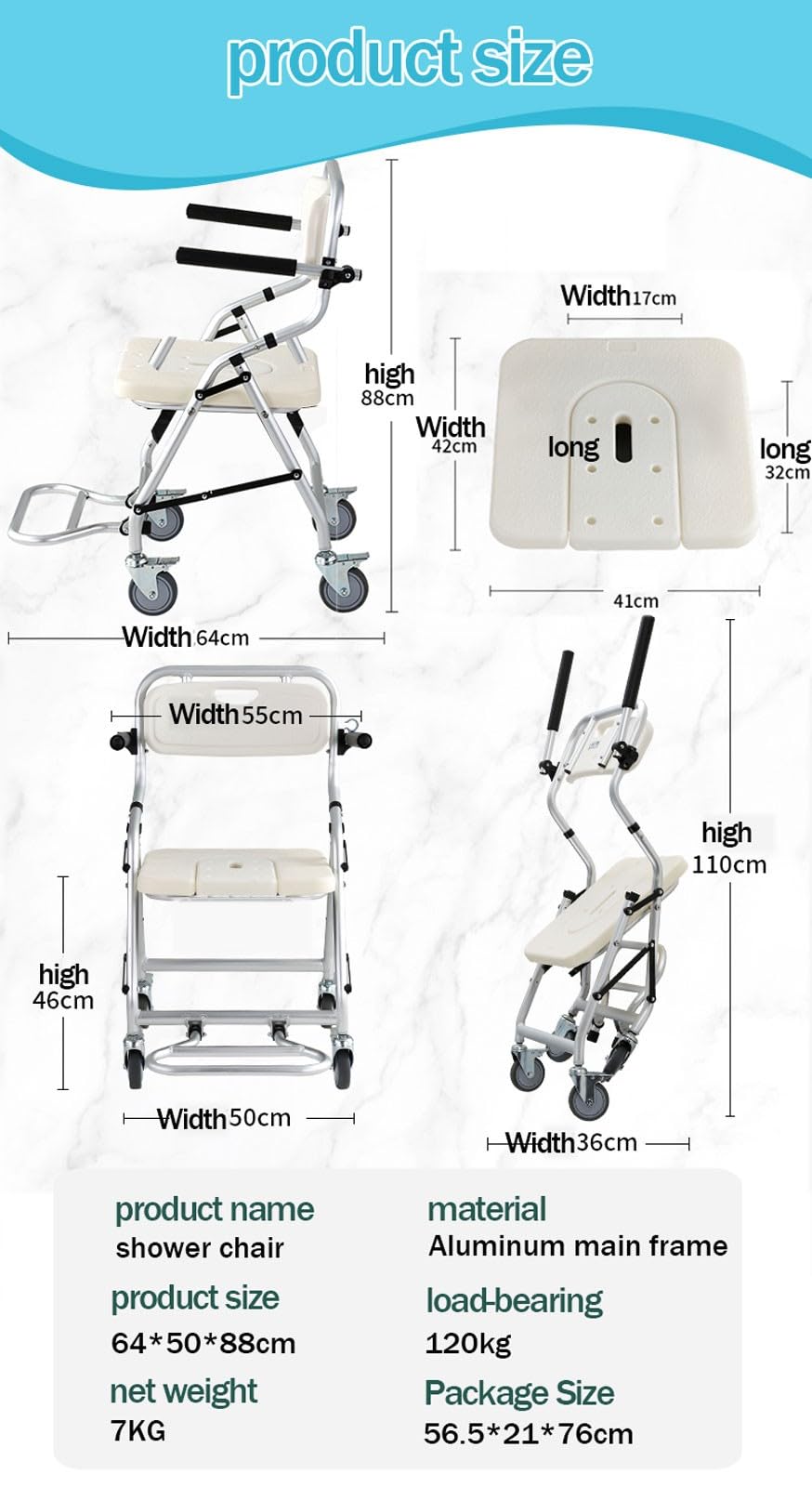 Silla de Ducha con Ruedas, Taburete de Ducha Plegable con Frenos y Respaldo Desmontable, Silla de Baño para Personas Mayores Discapacitados y Mujeres Embarazadas, Carga Máxima 120kg(Size:shower chai