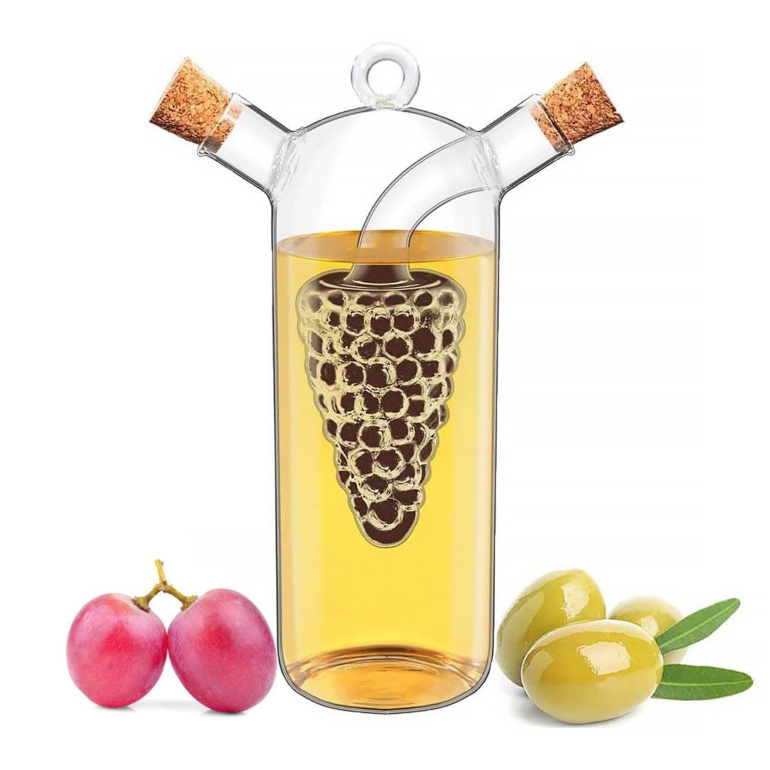 GEEZY 2 in 1 Oil and Vinegar Dispenser Clear Glass Condiment Cruet Bottle with Cork Stoppers for Kitchen, Dual Pourer and Drizzler, Grapes Design